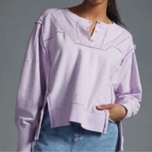 Pilcro Anthropologie Purple Henley Puff Sleeve Boxy Sweatshirt Size S